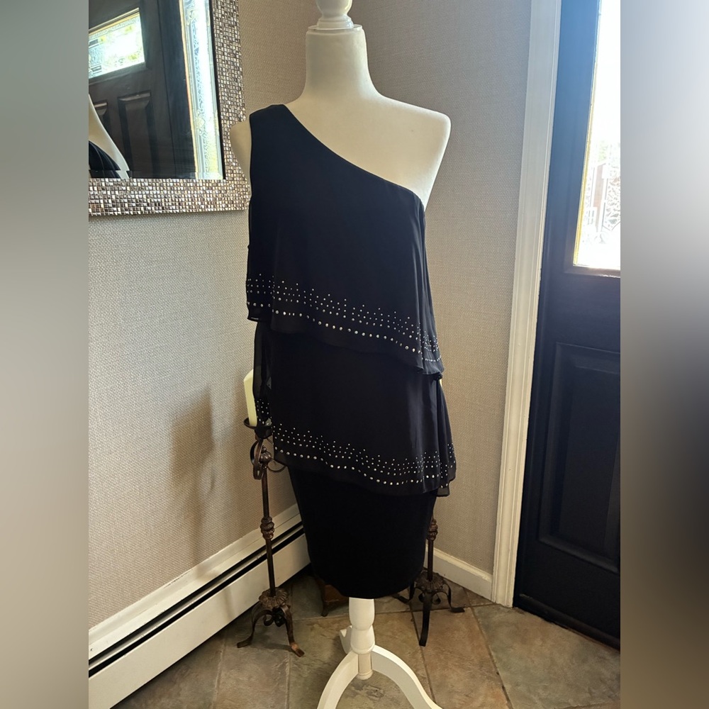 VENUS One-Shoulder Black Tiered Stud Dress